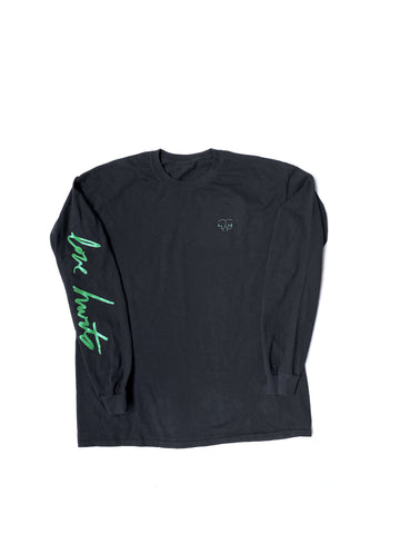 MOSSY GREEN LOVE HURTS LONG SLEEVE BLACK TEE